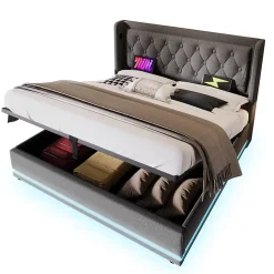 Lit coffre 160x200 cm - Lit coffre hydraulique avec USB Type-C - Coton - Sans Matelas - Gris