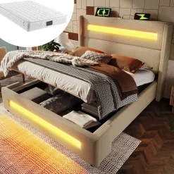 Lit coffre 140x200 cm - Lit coffre double avec Rangement Hydraulique, Éclairage LED et USB Type-C, Velours Beige, Matelas Inclus