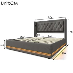 Lit coffre 160x200 cm - Lit coffre hydraulique avec USB Type-C et LED - Coton - avec Matelas - Gris