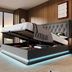 Lit coffre 160x200 cm - Lit coffre hydraulique avec USB Type-C et LED - Coton - avec Matelas - Gris