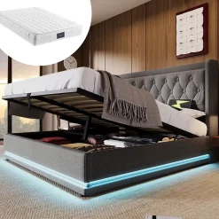 Lit coffre 160x200 cm - Lit coffre hydraulique avec USB Type-C et LED - Coton - avec Matelas - Gris