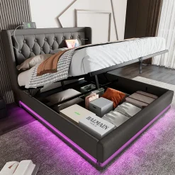 Lit coffre 160x200 cm - Lit coffre hydraulique avec USB Type-C et LED - Coton - avec Matelas - Gris