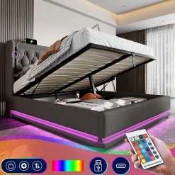 Lit coffre 160x200 cm - Lit coffre hydraulique avec USB Type-C et LED - Coton - avec Matelas - Gris