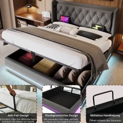 Lit coffre 160x200 cm - Lit coffre hydraulique avec USB Type-C et LED - Coton - avec Matelas - Gris