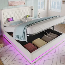 Lit coffre 160x200 cm - Lit coffre hydraulique avec USB Type-C et LED - PU - Sans Matelas - Blanc