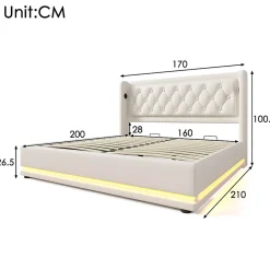 Lit coffre 160x200 cm - Lit coffre hydraulique avec USB Type-C et LED - PU - Sans Matelas - Blanc