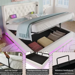 Lit coffre 160x200 cm - Lit coffre hydraulique avec USB Type-C et LED - PU - Sans Matelas - Blanc