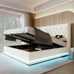 Lit coffre 160x200 cm - Lit coffre hydraulique avec USB Type-C et LED - PU - Sans Matelas - Blanc