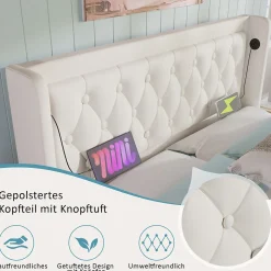 Lit coffre 160x200 cm - Lit coffre hydraulique avec USB Type-C et LED - PU - Sans Matelas - Blanc