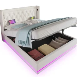 Lit coffre 160x200 cm - Lit coffre hydraulique avec USB Type-C et LED - PU - Sans Matelas - Blanc