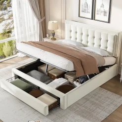 Lit coffre 140x190 cm - Lit coffre hydraulique avec 2 tiroirs et sommier à lattes - Capitonné Velours - Sans Matelas - Beige