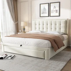 Lit coffre 140x190 cm - Lit coffre hydraulique avec 2 tiroirs et sommier à lattes - Capitonné Velours - Sans Matelas - Beige