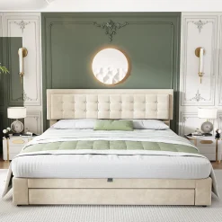 Lit coffre 180x200 cm - Lit coffre hydraulique avec 2 tiroirs et sommier à lattes - Velours - Sans Matelas - Beige