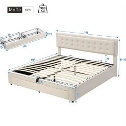 Lit coffre 180x200 cm - Lit coffre hydraulique avec 2 tiroirs et sommier à lattes - Velours - Sans Matelas - Beige