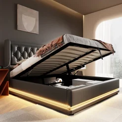 Lit coffre 180x200 cm - Lit coffre hydraulique avec USB Type-C et LED - PU - Sans Matelas - Noir