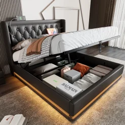 Lit coffre 180x200 cm - Lit coffre hydraulique avec USB Type-C et LED - PU - Sans Matelas - Noir