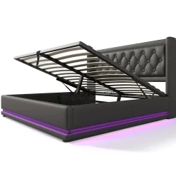 Lit coffre 180x200 cm - Lit coffre hydraulique avec USB Type-C et LED - PU - Sans Matelas - Noir