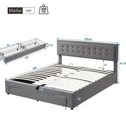 Lit coffre 180x200 cm - Lit coffre hydraulique avec 2 tiroirs et sommier à lattes - Velours - Sans Matelas - Gris