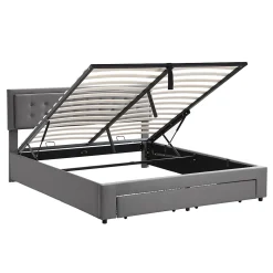Lit coffre 180x200 cm - Lit coffre hydraulique avec 2 tiroirs et sommier à lattes - Velours - Sans Matelas - Gris