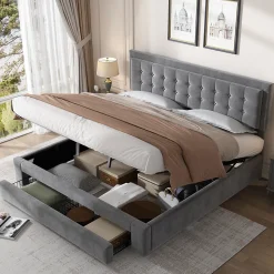 Lit coffre 180x200 cm - Lit coffre hydraulique avec 2 tiroirs et sommier à lattes - Velours - Sans Matelas - Gris