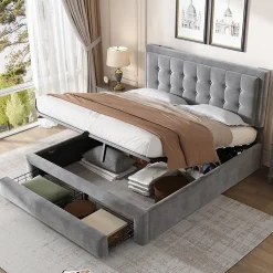 Lit coffre 140x190 cm - Lit coffre hydraulique avec 2 tiroirs et sommier à lattes - Capitonné Velours - Sans Matelas - Gris