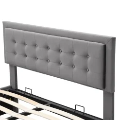 Lit coffre 140x190 cm - Lit coffre hydraulique avec 2 tiroirs et sommier à lattes - Capitonné Velours - Sans Matelas - Gris