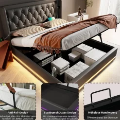 Lit coffre 140x200 cm - Lit coffre hydraulique avec USB Type-C et LED - PU - avec Matelas - Noir