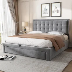 Lit coffre 140x200 cm - Lit coffre hydraulique avec 2 tiroirs et sommier à lattes en bois - Velours - Sans Matelas - Gris