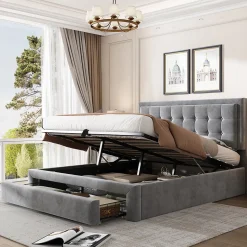 Lit coffre 140x200 cm - Lit coffre hydraulique avec 2 tiroirs et sommier à lattes en bois - Velours - Sans Matelas - Gris