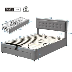 Lit coffre 140x200 cm - Lit coffre hydraulique avec 2 tiroirs et sommier à lattes en bois - Velours - Sans Matelas - Gris