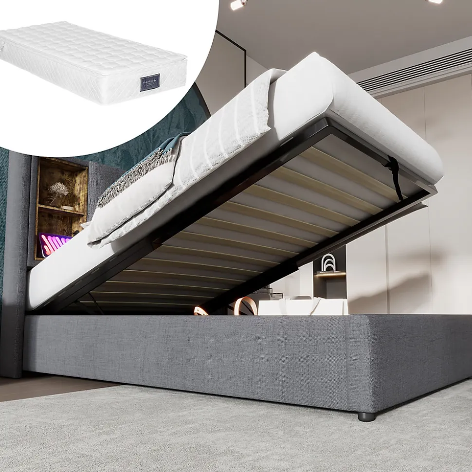 Lit Coffre 90x200 cm - Lit Coffre Capitonné Simple avec Wireless Charging et USB C, Coton Gris, Matelas Inclus