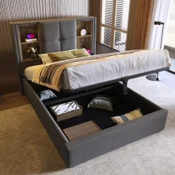 Lit Coffre 90x200 cm - Lit Coffre Capitonné Simple avec Wireless Charging et USB C, Coton Gris, Matelas Inclus