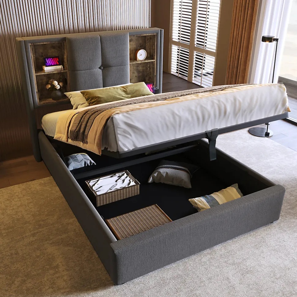 Lit Coffre 90x200 cm - Lit Coffre Capitonné Simple avec Wireless Charging et USB C, Coton Gris, Matelas Inclus