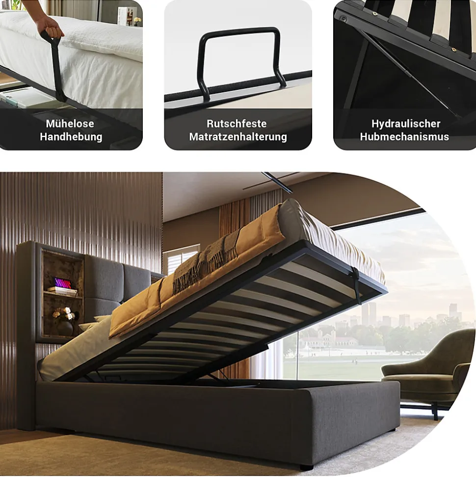 Lit Coffre 90x200 cm - Lit Coffre Capitonné Simple avec Wireless Charging et USB C, Coton Gris, Matelas Inclus