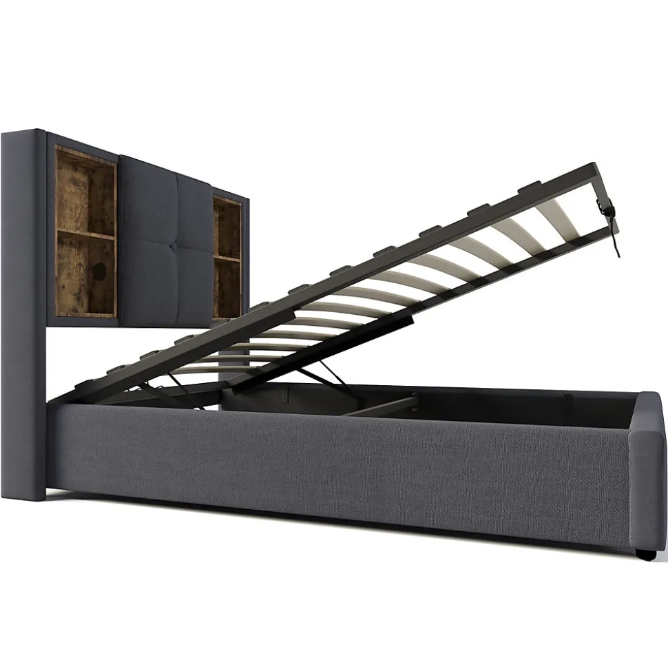 Lit Coffre 90x200 cm - Lit Coffre Capitonné Simple avec Wireless Charging et USB C, Coton Gris, Matelas Inclus