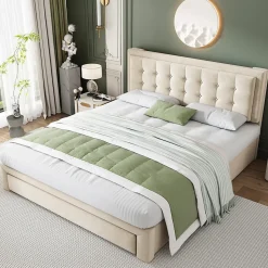 Lit coffre 160x200 cm - Lit coffre hydraulique avec 2 tiroirs et sommier à lattes - Velours - Sans Matelas - Beige