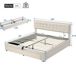 Lit coffre 160x200 cm - Lit coffre hydraulique avec 2 tiroirs et sommier à lattes - Velours - Sans Matelas - Beige
