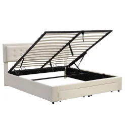 Lit coffre 160x200 cm - Lit coffre hydraulique avec 2 tiroirs et sommier à lattes - Velours - Sans Matelas - Beige