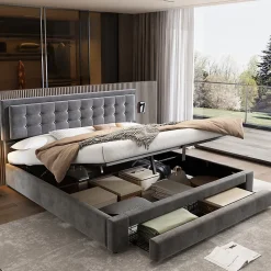 Lit coffre 160x200 cm - Lit coffre hydraulique avec 2 tiroirs et sommier à lattes en bois - Velours - Sans Matelas - Gris