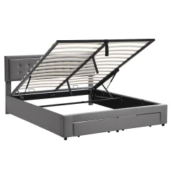 Lit coffre 160x200 cm - Lit coffre hydraulique avec 2 tiroirs et sommier à lattes en bois - Velours - Sans Matelas - Gris