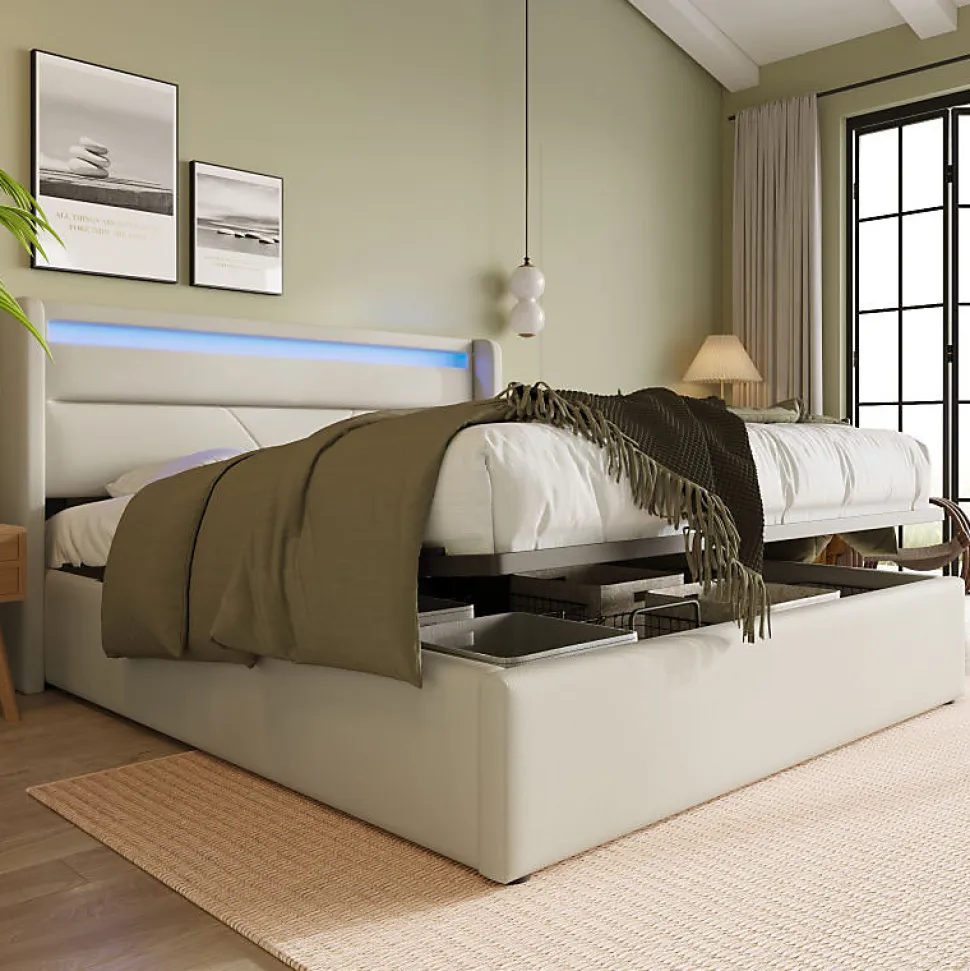 Lit Coffre 140x200 cm - Lit Coffre Capitonné Double avec Coffre Hydraulique et Tête de Lit LED, PU Blanc, Matelas Inclus