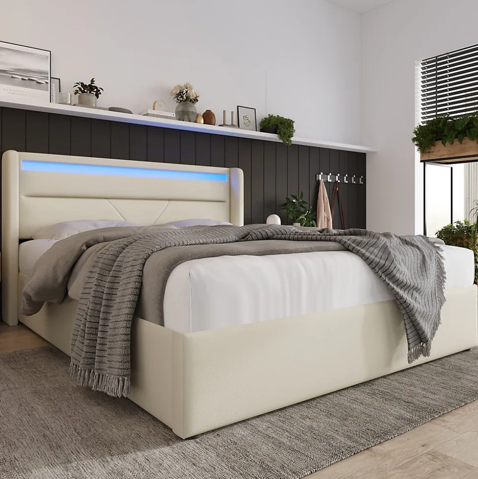 Lit Coffre 140x200 cm - Lit Coffre Capitonné Double avec Coffre Hydraulique et Tête de Lit LED, PU Blanc, Matelas Inclus