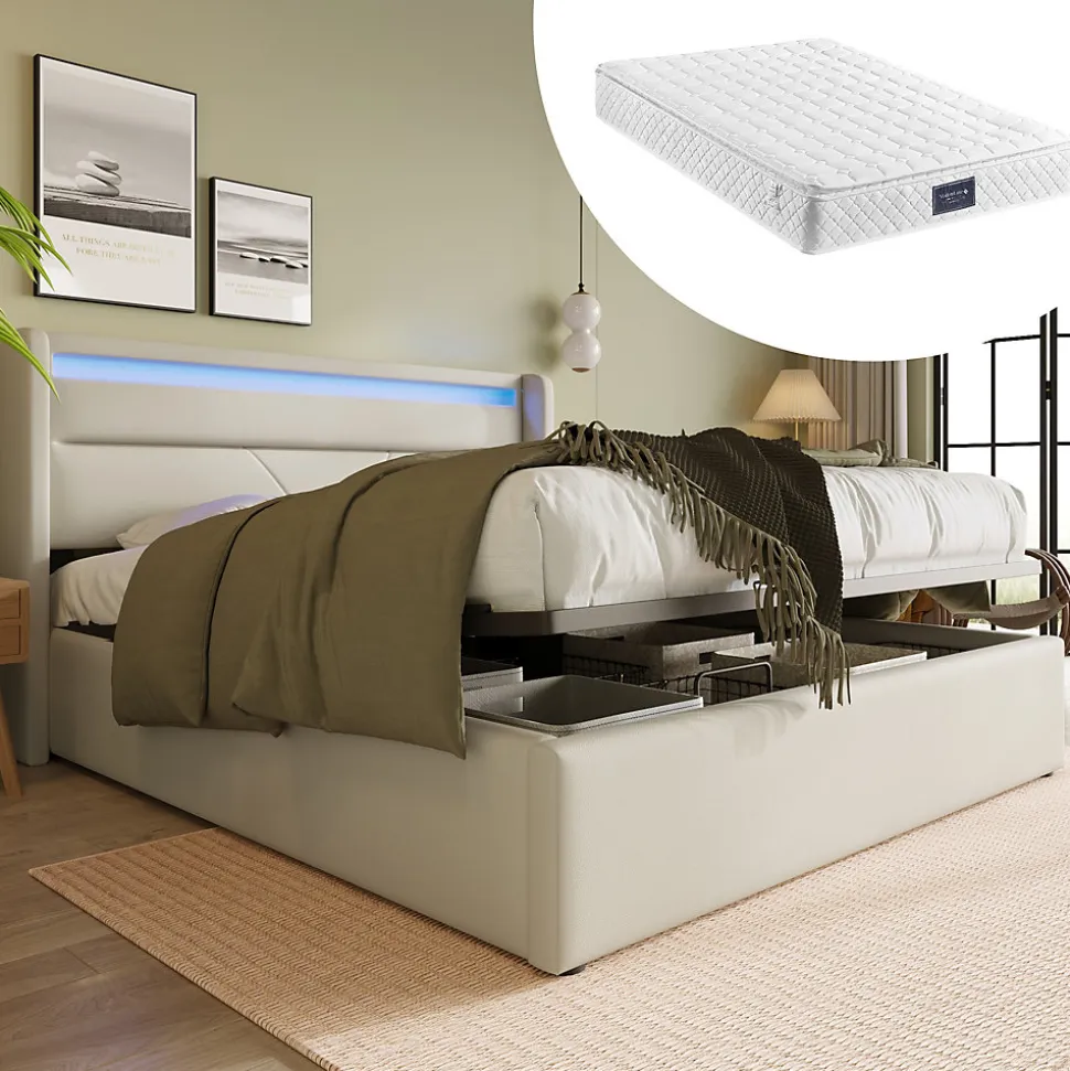 Lit Coffre 140x200 cm - Lit Coffre Capitonné Double avec Coffre Hydraulique et Tête de Lit LED, PU Blanc, Matelas Inclus