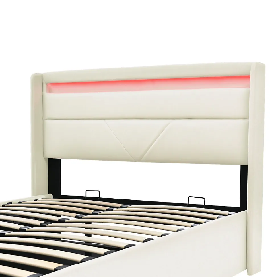 Lit Coffre 140x200 cm - Lit Coffre Capitonné Double avec Coffre Hydraulique et Tête de Lit LED, PU Blanc, Matelas Inclus
