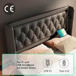 Lit coffre 160x200 cm - Lit coffre hydraulique avec USB Type-C et LED - PU - Sans Matelas - Noir