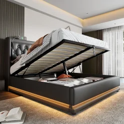 Lit coffre 160x200 cm - Lit coffre hydraulique avec USB Type-C et LED - PU - Sans Matelas - Noir