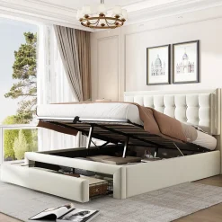 Lit coffre 140x200 cm - Lit coffre hydraulique avec 2 tiroirs et sommier à lattes - Velours - Sans Matelas - Beige