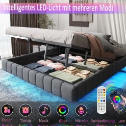 Lit Coffre 180x200 cm - Lit Double avec Rangement, Sommier Relevable, Bande LED Intégrée - Tissu Gris - Sans Matelas