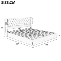 Lit coffre 160x200 cm - Lit double avec sommier à lattes et coffre hydraulique - Velours - Sans Matelas - Beige