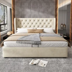 Lit coffre 160x200 cm - Lit double avec sommier à lattes et coffre hydraulique - Velours - Sans Matelas - Beige